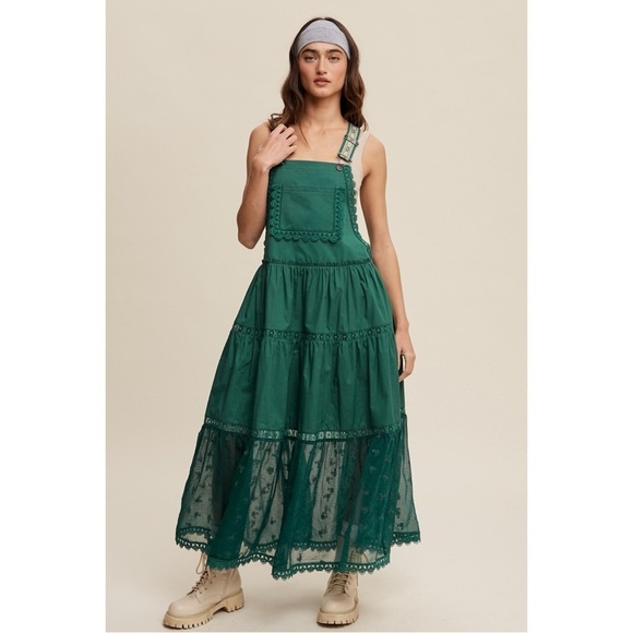LISTICLE Forest Green Lace Embroidered Maxi Skirtall | Boho Overall Jumper - Picture 6 of 11